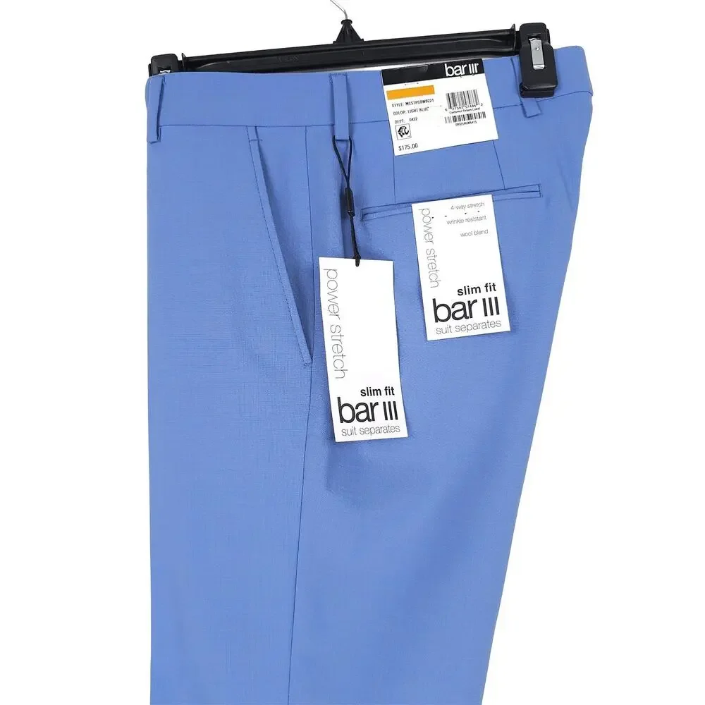 Bar III Mens Slim Fit 3 Piece Suit 38L 33x32 Light Blue Solid Power Stretch Wool